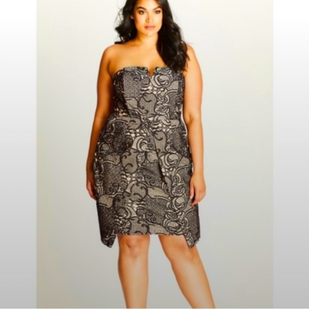 City Chic Black/Nude Lace Look Strapless Cocktail Dress, Size L/20